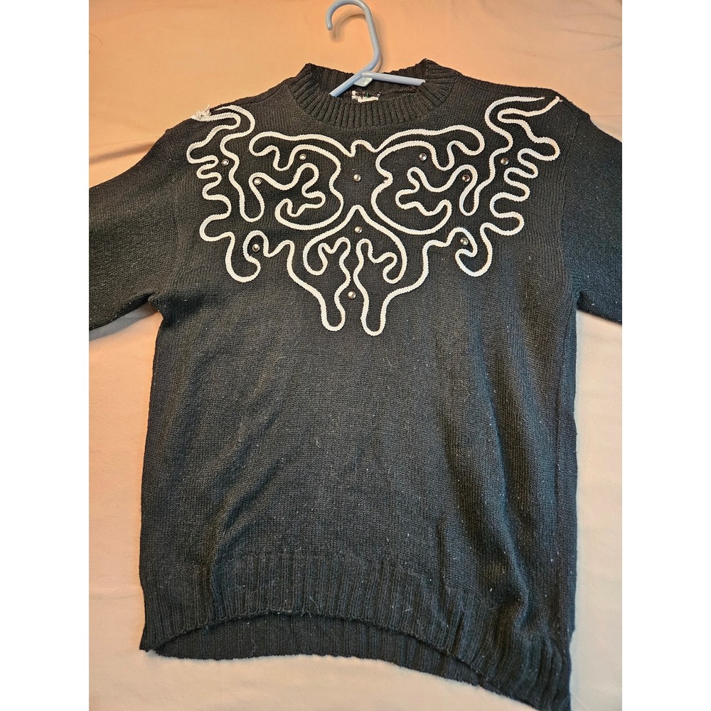 Vintage Black Knit Sweater with White‎ Abstract Embellishments Womens Old Money